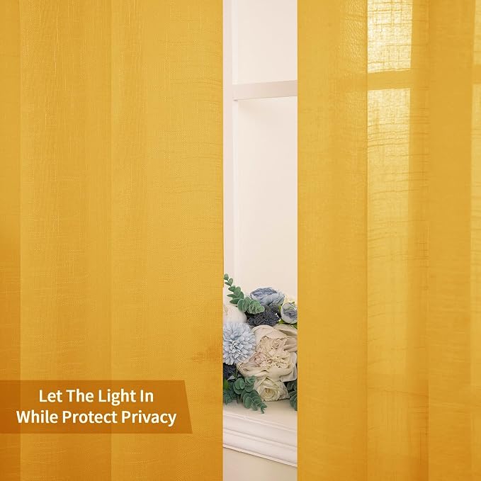 MIULEE 2 Panels Natural Linen Sheer Window Curtains Elegant Mustard Yellow Fall - Image 4