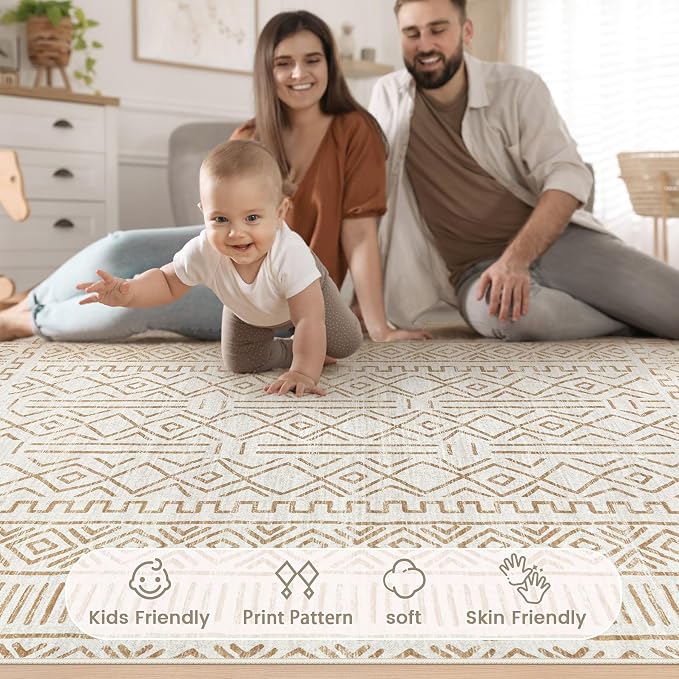 5x7 Area Rug Living Room: Washable Boho Geometric Moroccan Rug Neutral Modern - Image 4