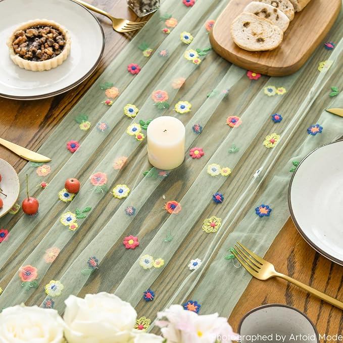 Artoid Mode Sage Green Embroidery Daisy Gauze Table Runner 120 Inch 10FT - Image 3