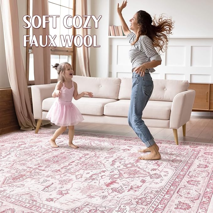 Pink Rugs for Bedroom Girls: 8x10 Washable Boho Large Neutral Cute Soft Area - Image 3