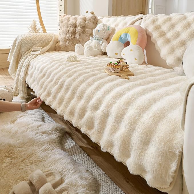 Faux Fur Couch Cover Fuzzy Soft Plush Thick Bubble Sofa Cover Luxury Sectional - Image 5