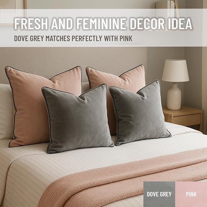 2 Pack Velvet Decorative Throw Pillow Covers, Dove Grey, Contrast Piping - Image 7