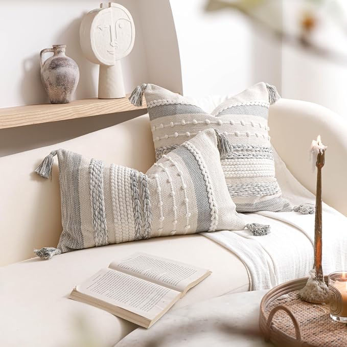 BlissBlush Gray Boho Decorative Throw Pillow Cover 22x22 Square Farmhouse - Image 5