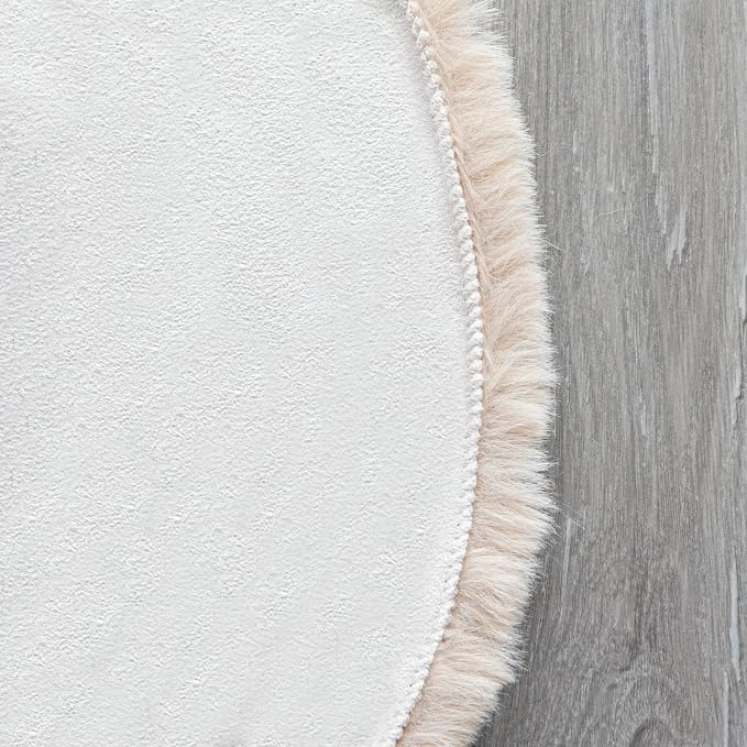 Light Brown Beige Washable Shaggy Round Rug 5ft Faux Rabbit Fur Rugs - Image 4