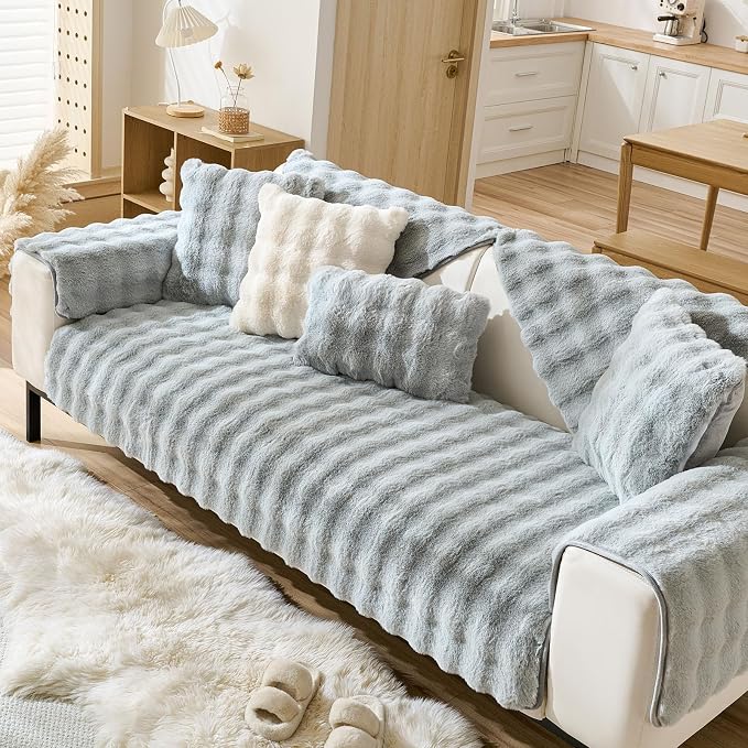 Faux Fur Couch Cover Fuzzy Soft Plush Thick Bubble Sofa Cover Luxury Sectional - Image 4