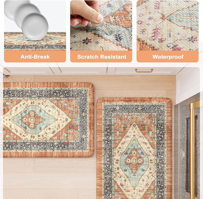 KIMODE Anti Fatigue Kitchen Mat 20"x47"+20"x32", Boho Distressed Kitchen Rugs - Image 6