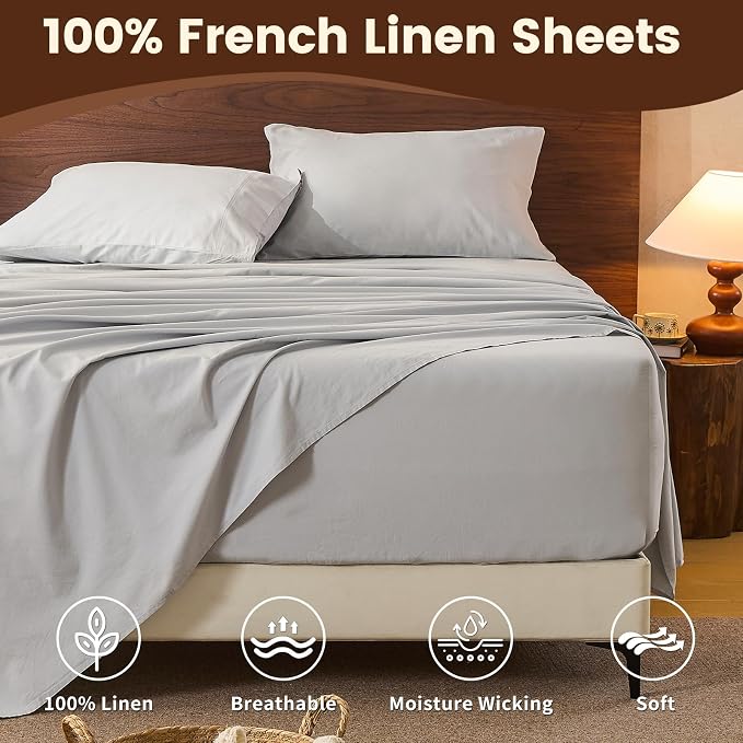 100% Linen Sheet Set King Size Extra Deep Pocket Fits 18-24 Inch Mattress - Image 4