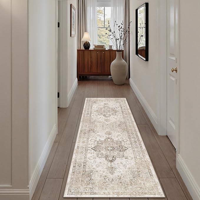 Taupe Runner Rug 2x6 Hallway Kitchen Washable Vintage Carpet Non Slip Retro - Image 3
