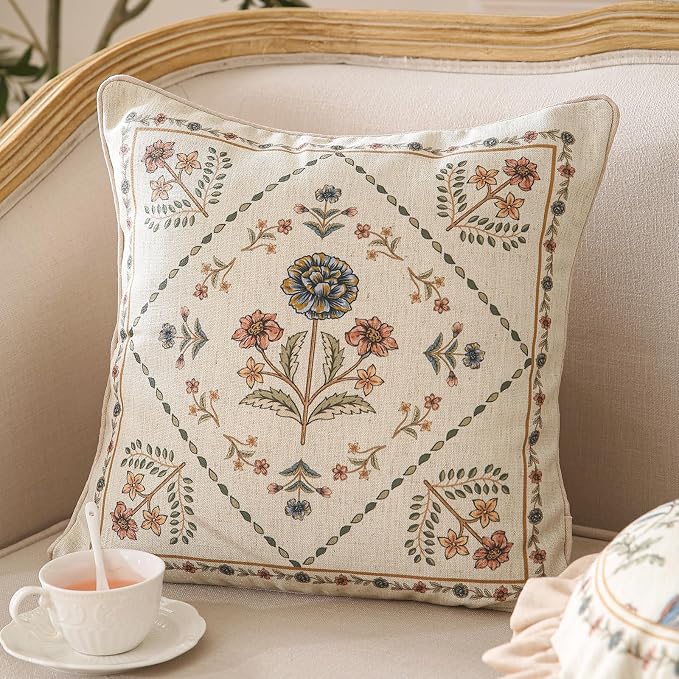 ISAENNE Design Square Floral Linen Throw Pillow Covers 18"x18" Pack of 2 - Image 2