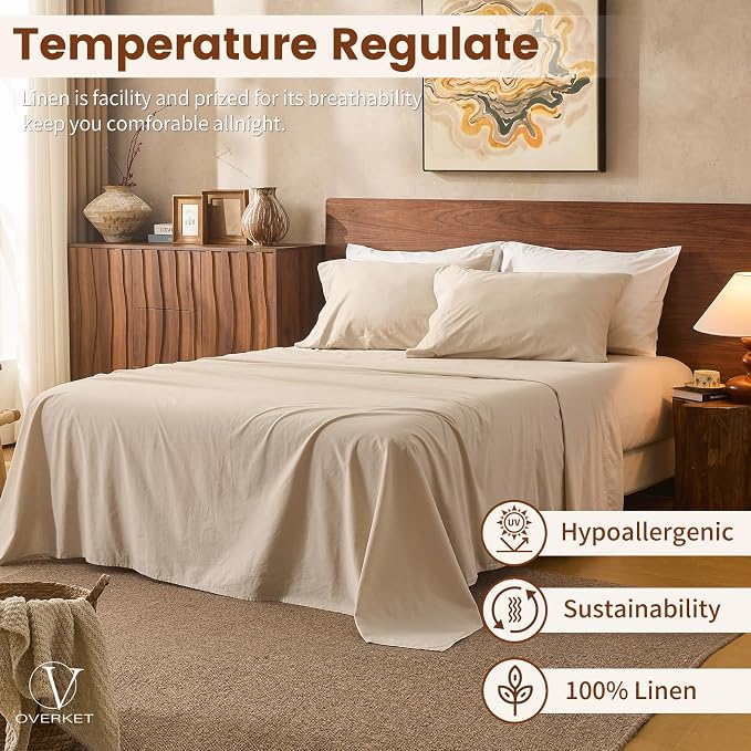 100% Linen Sheets Queen Size, Breathable & Durable 4-Piece Bed Flax Sheet Set - Image 5