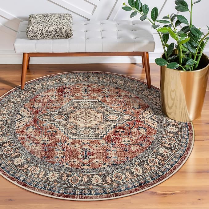 Lahome Oriental Washable Round Rugs, Non-Slip Round Rug 4ft Ultra-Thin by Lahome