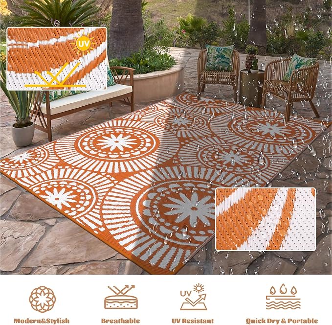 Ileading Large Plastic Outdoor Rug 9x12ft Modern Geometric Style Reversible - Image 3