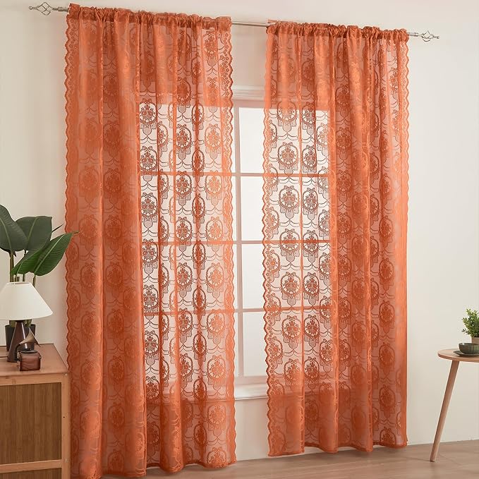 Burnt Orange Lace French Delicacy Curtains 63 Inches Long -Rod Pocket Luxury - Image 5