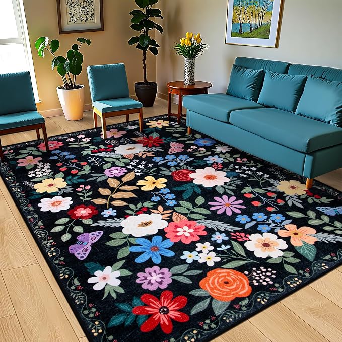 8x10 Area Rugs for Living Room: Washable Rug Vintage Large Soft Boho Floral - Image 2