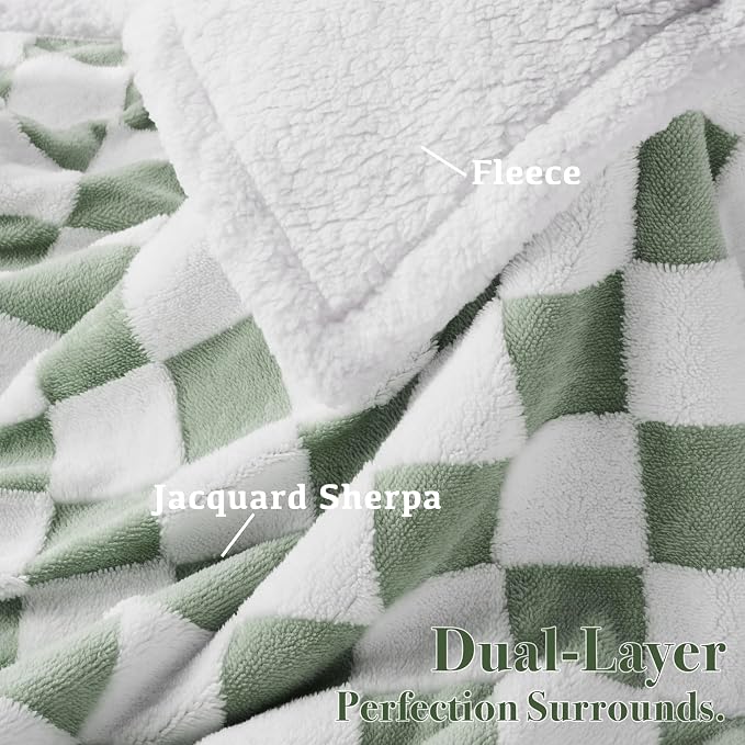 Checkered Dog Blanket, Sage Green Jacquard Sherpa Blankets - Image 4