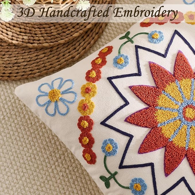 Embroidered Throw Pillow Cover 22x22 Classic Boho Floral Pattern Pillows Cover - Image 2