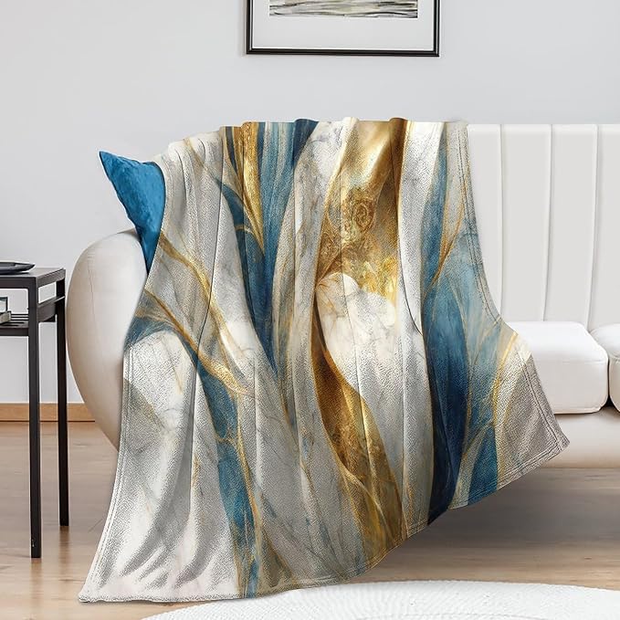 Abstract Marble Blanket, Modern Luxury Baroque Golden Blue White Stone Veins by Unknown