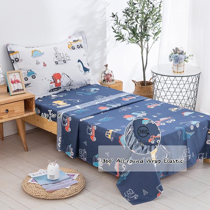 DJY 4 Pieces Cotton Toddler Bedding Set, Dinosaur Cars Reversible Toddler Bed - Image 6