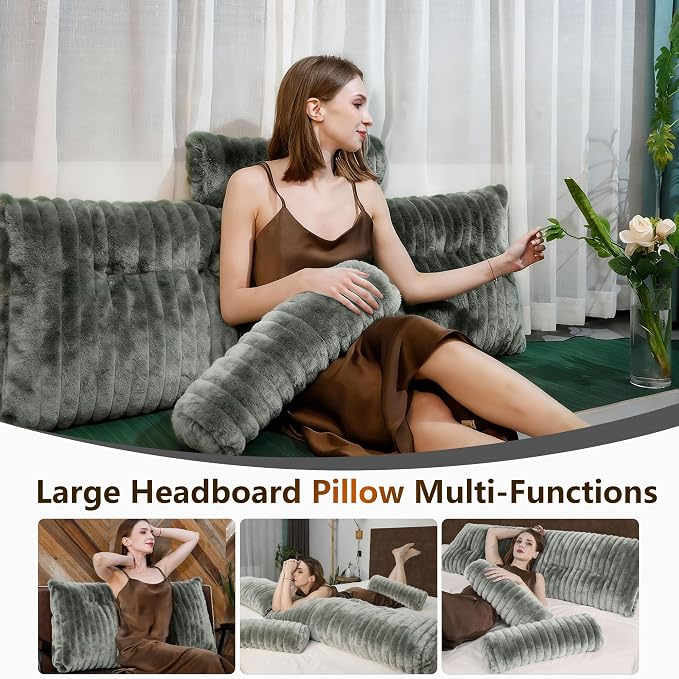 Faux Fur Headboard Pillow Twin Size, Triangular Wedge Backrest - Image 4