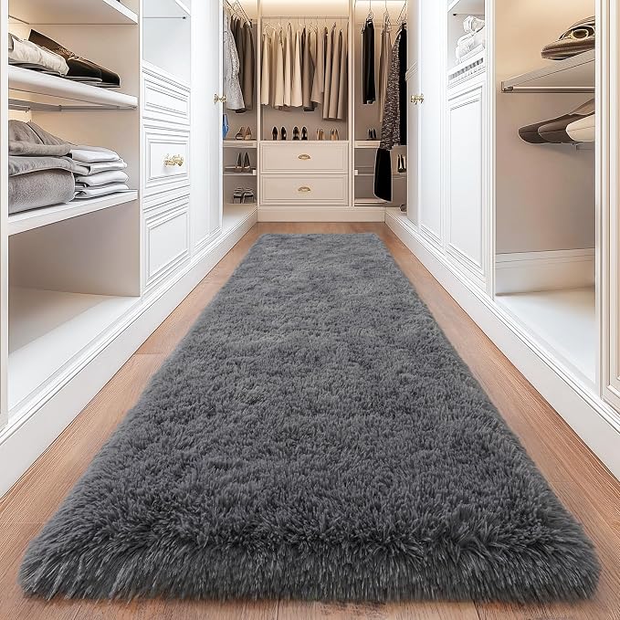 Deep Grey Runner Rug for Hallway, Bedroom Bedside Plush Rugs, Non Slip Fluffy - Image 5