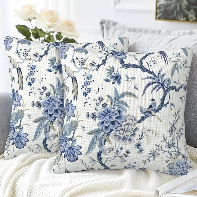 Chinoiserie Throw Pillow Cover Case Blue White Flowers Throw Pillows Set of 2 - Image 4
