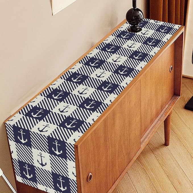 Anchor Table Runner, Nautical Navy Blue Retro Sailing Seasonal Anchor Print - Image 3