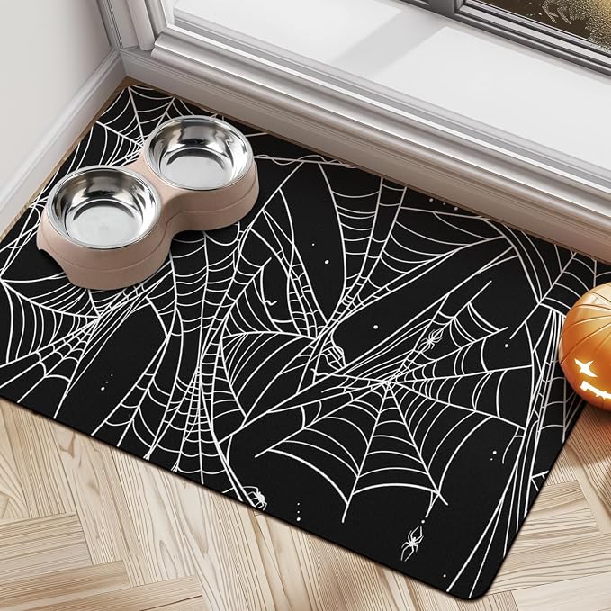 Halloween Dog Food Mats for Floors, Absorbent Dog Bowl Mat for Food and Water by Cuslnox
