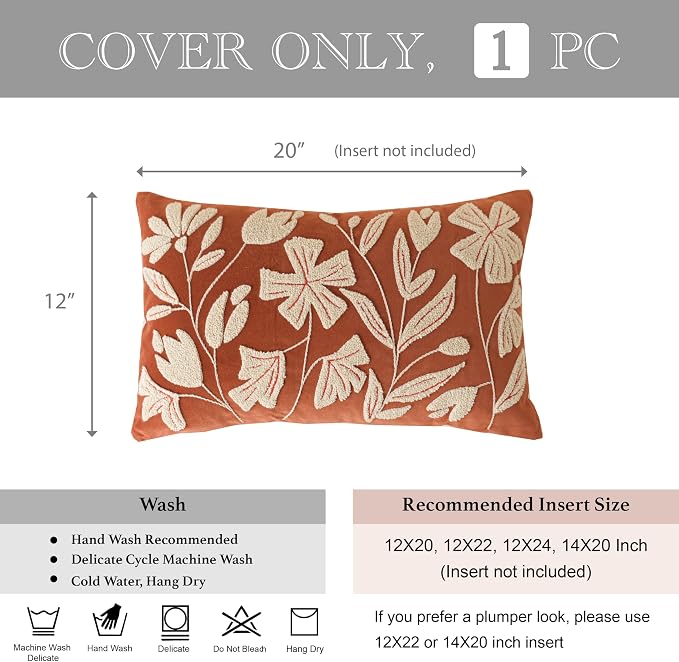 BlissBlush Fall Throw Pillow Cover 12x20, Rust Brick Red Soft Velvet Floral - Image 6