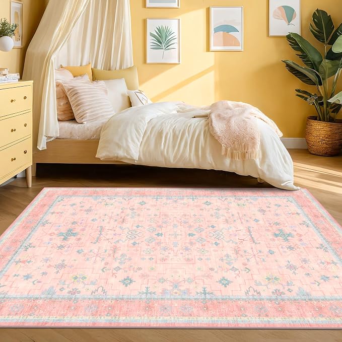 Washable Pink and Blue 6x9 Oushak Rugs - Image 7