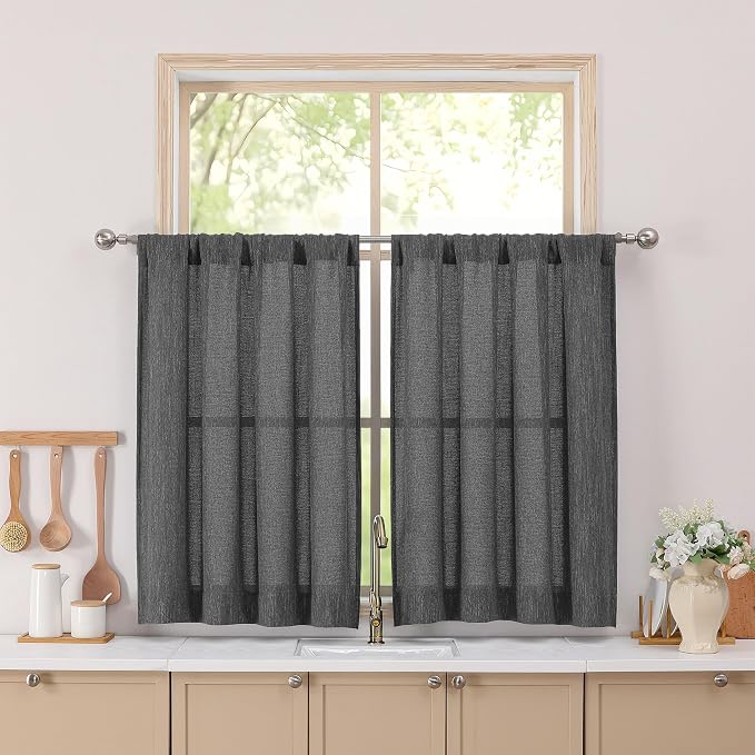 Simplebrand Grey Short Faux Linen Textured Cafe Kitchen Curtains 36 Inch Length by Simplebrand