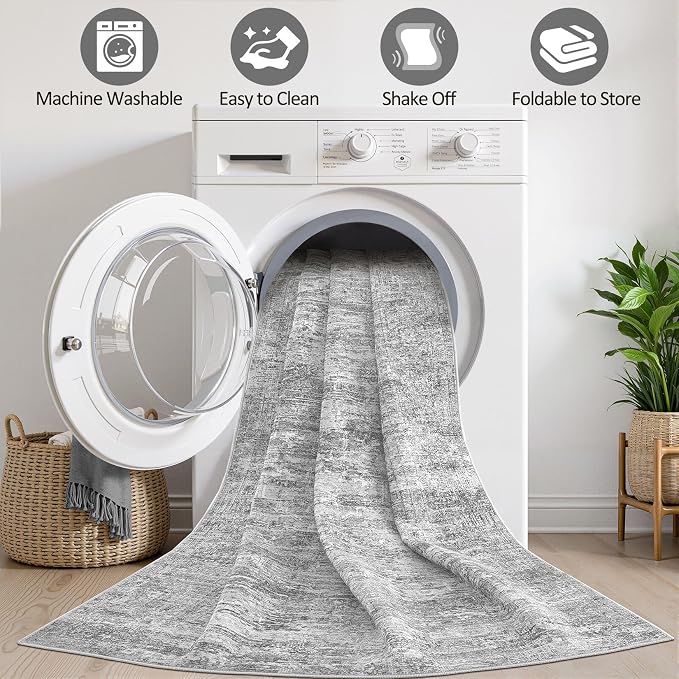 Grey Rug 5x7 Area Rugs: Washable Boho Large Vintage Neutral Soft Rug Stain - Image 2