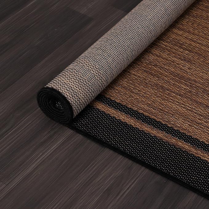 CAMILSON Indoor Outdoor Rug, 9x12 Bordered Nut Brown Black Modern Area Rugs - Image 8