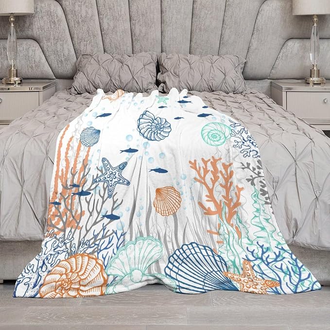 Nautical Coastal Blanket, Starfish Seashell Coral Beach Themed Drapes Ocean - Image 6