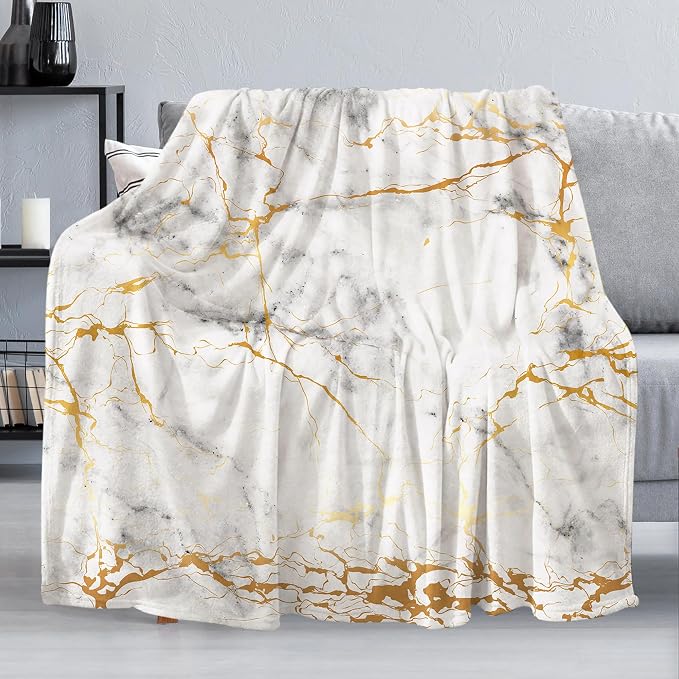 Gold Marble Throw Blanket for Couch, Super Soft Fuzzy Throws Warm Comfortable by Dtccet