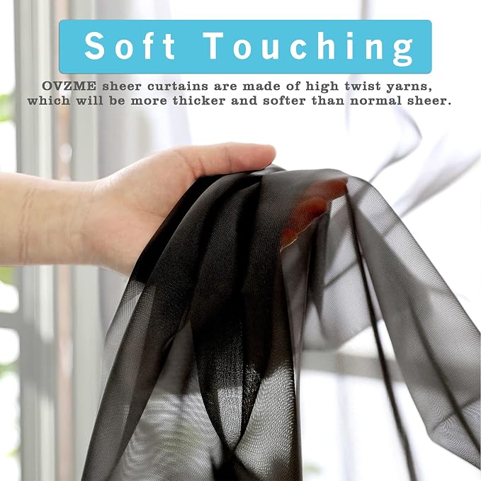 OVZME Black Sheer Curtains 36 inches Long, Short Kitchen Window Treatment Solid - Image 2