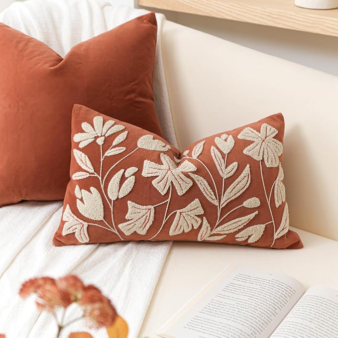 BlissBlush Fall Throw Pillow Cover 12x20, Rust Brick Red Soft Velvet Floral by BlissBlush