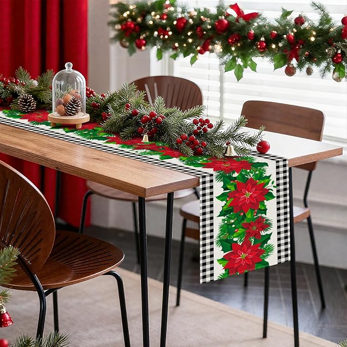 OTOSTAR Black and White Buffalo Check Plaid Holly Christmas Flowers Table Runner - Image 7