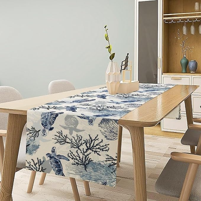 Summer Turtle Table Runner, Cartoon Sea Turtle Tropical Ocean Beach Teal - Image 2