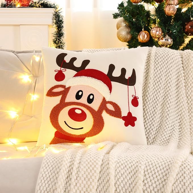 LUOYEHK Christmas Pillow Covers 18x18 Set of 2 Cute Reindeer Decorative Beige - Image 4