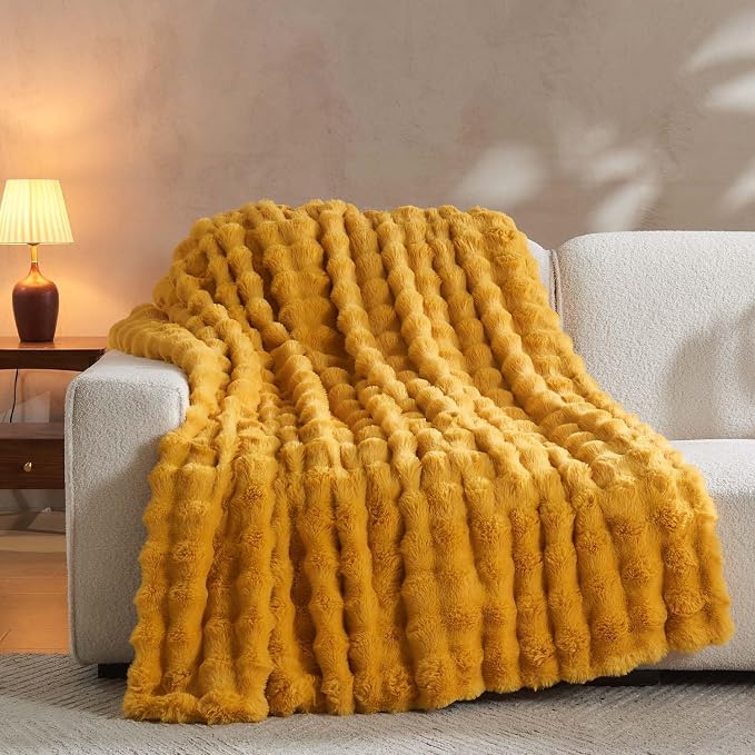 Lotus Karen Faux Fur Throw Blanket Ginger Yellow - Image 6