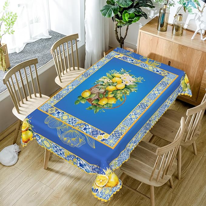 54x108inches Blue and Yellow Rectangle Tablecloth Summer Fruit Lemon Boho - Image 5