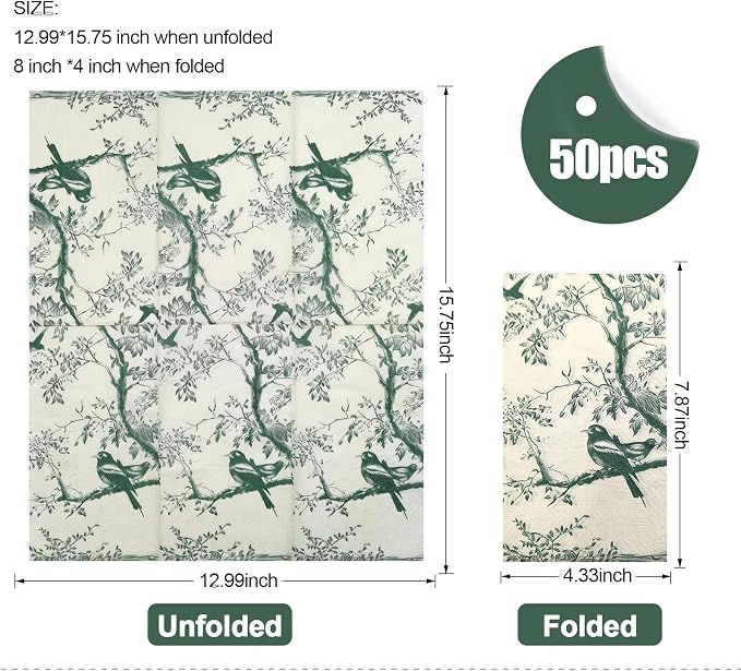 50 Pack Green Toile Paper Napkins, Special Birds and Tree Decorative Disposable - Image 2