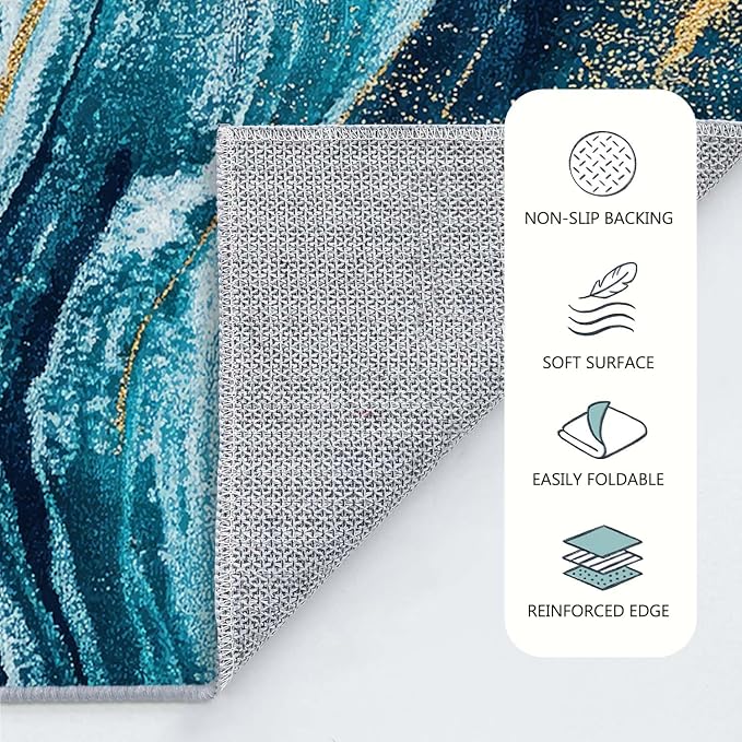 2x3 Abstract Entryway Area Rug Blue White Golden Bathroom Rug Non Slip Machine - Image 9