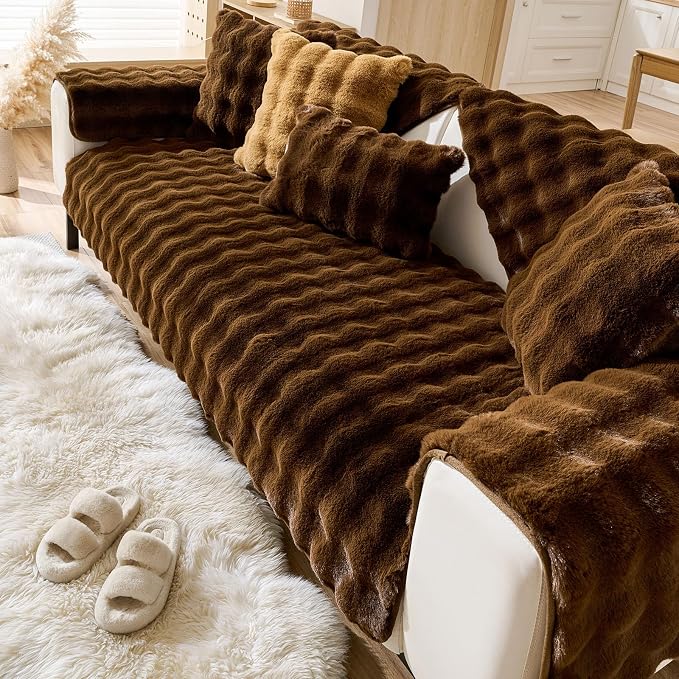 Faux Fur Armrest Cover Backrest Cover Fuzzy Plush Thick Bubble Sofa Cover - Image 5