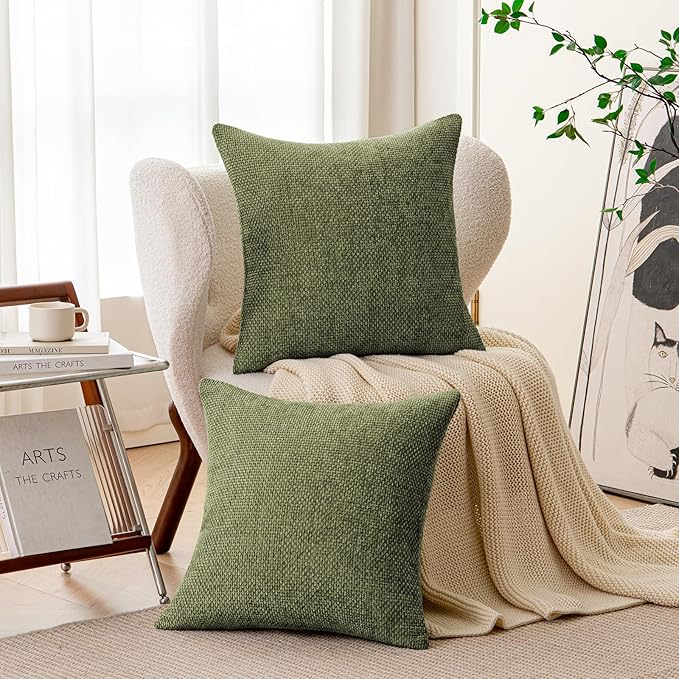 a moment Olive Green Chenille Throw Pillow Covers 20x20 Inch Pack of 2 Modern - Image 4