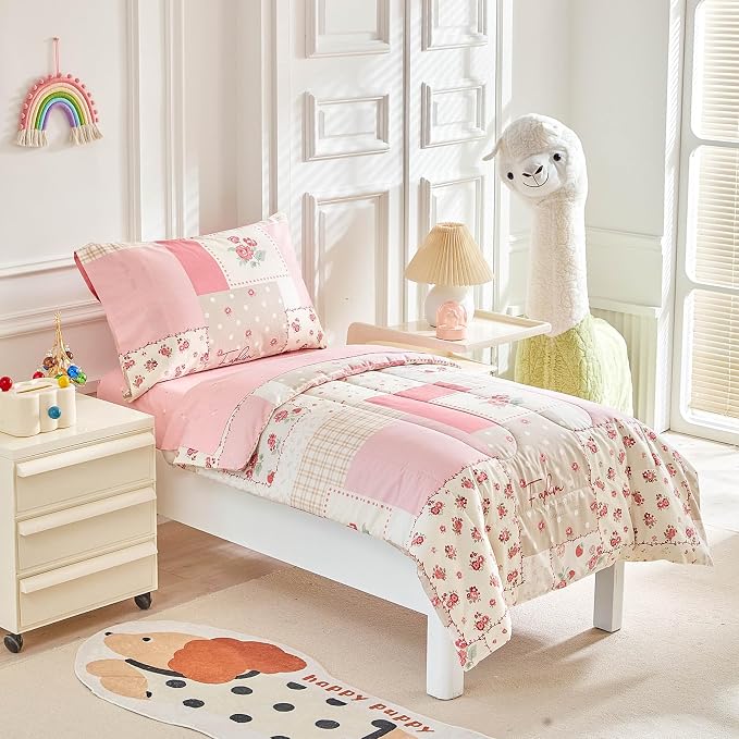 Joyreap 4 Piece Cotton Toddler Bedding Set- Pink Flower Plaids Patchwork Design - Image 2