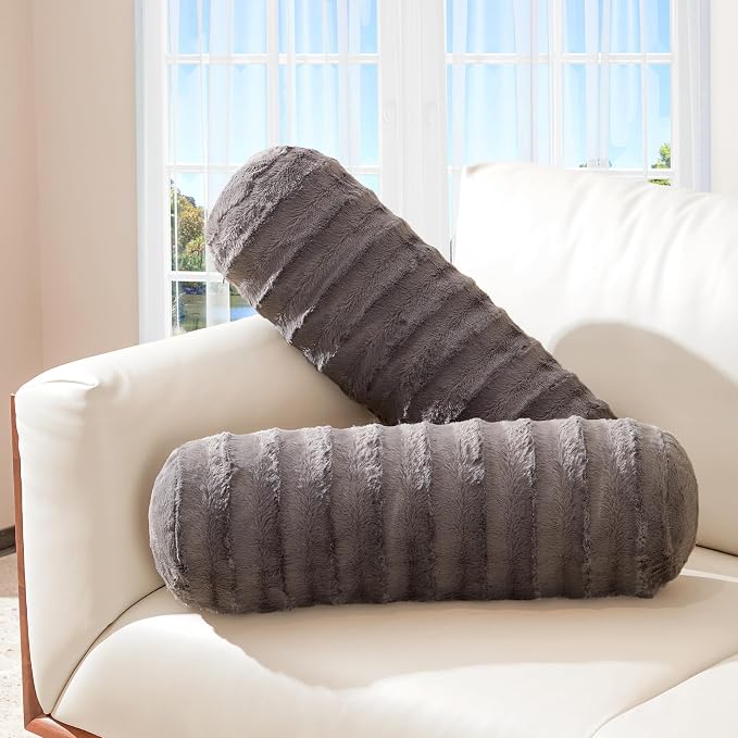 Cheer Collection Faux Fur Bolster Pillows – Soft Decorative Cylinder Pillows by CheerCollection