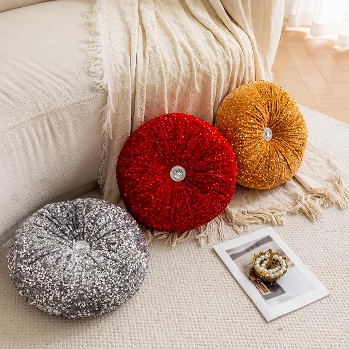 Round Throw Pillow, 13.7in Soft Solid Color Sequin Glitter Decorative Round - Image 6