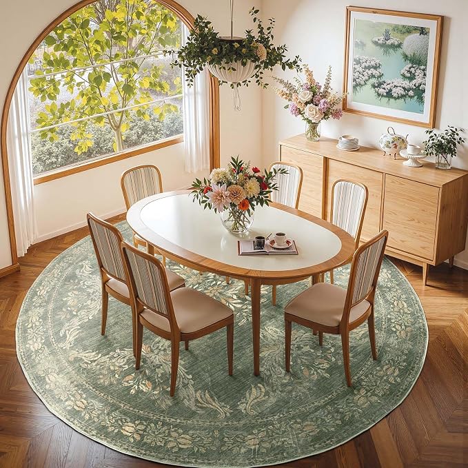 jinchan Round Rug 8ft Area Rugs, Vintage Floral Distressed Design Machine - Image 4