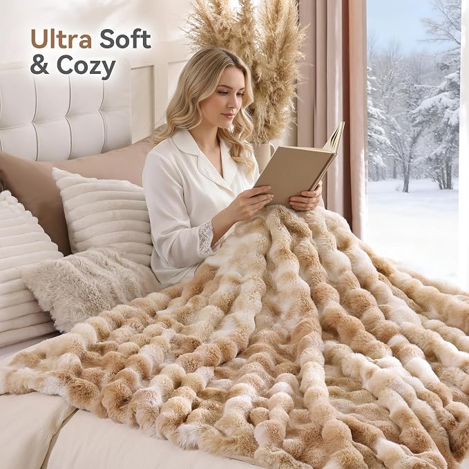 Smoofy Faux Fur Throw Blanket for Couch – Tie-dye Camel Fluffy Cozy Rabbit - Image 4